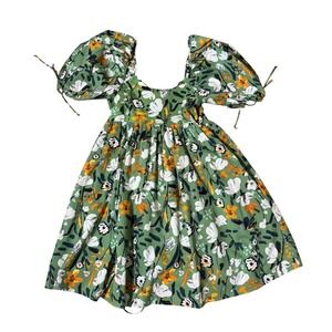 By Together Green Floral Puff Sleeve Lace‎ Up Back Mini Dress L6258 Small (D)